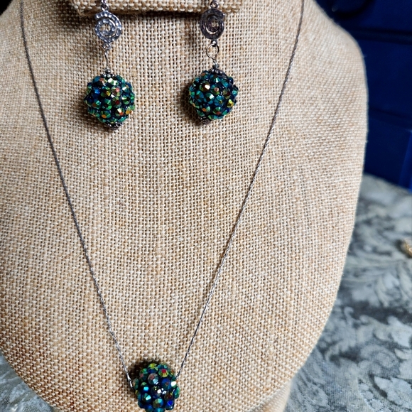 Hand Crafted Jewelry - NWT Handmade Sterling Silver .925 Green Crystal Necklace w/Earrings